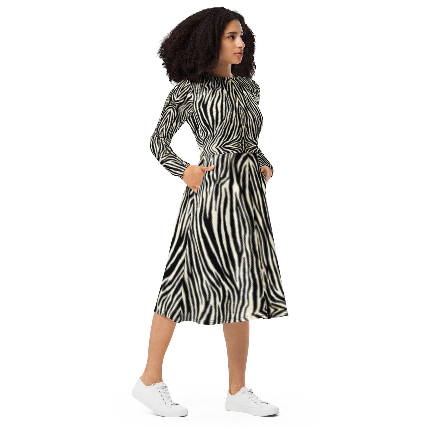 Zebra Print Long Sleeve Midi Dress