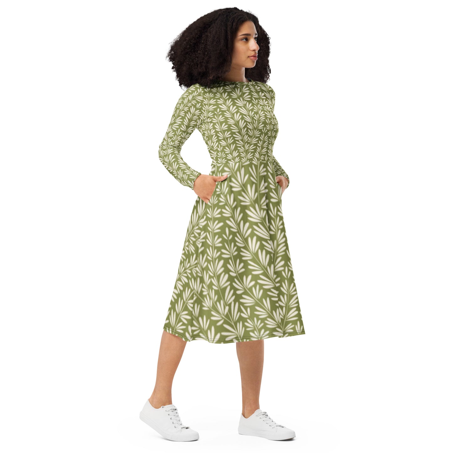 Green Leafy Print Long Sleeve Midi Dress