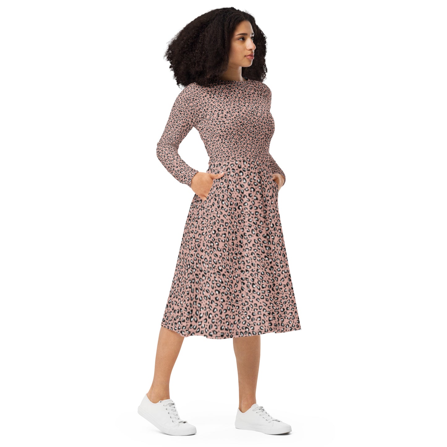 Pink Leopard Long Sleeve Midi Dress