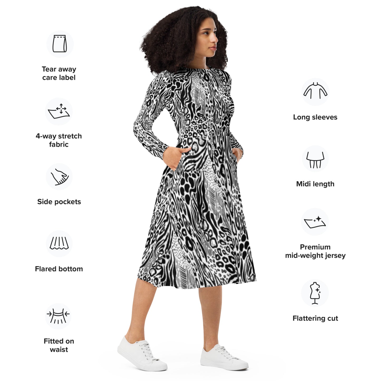 Monochrome Leopard Long Sleeve Midi Dress