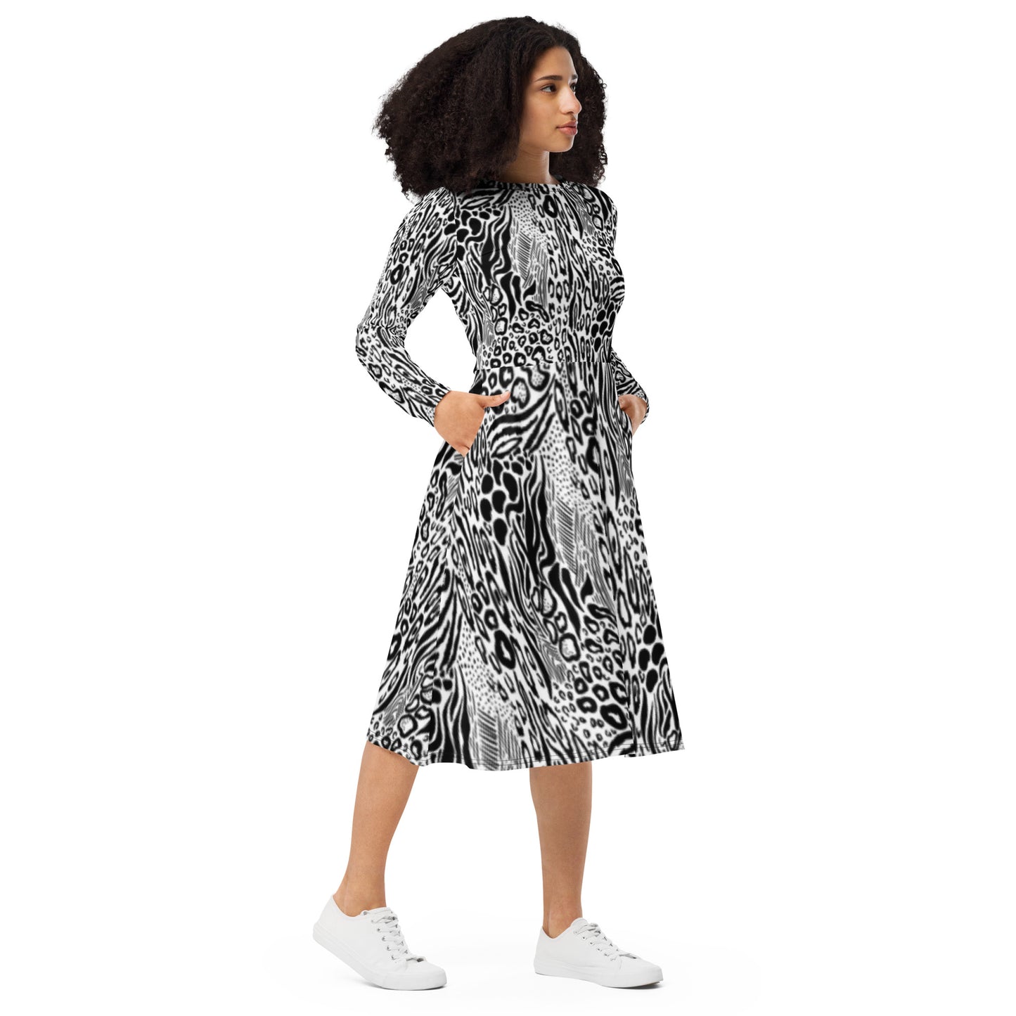 Monochrome Leopard Long Sleeve Midi Dress