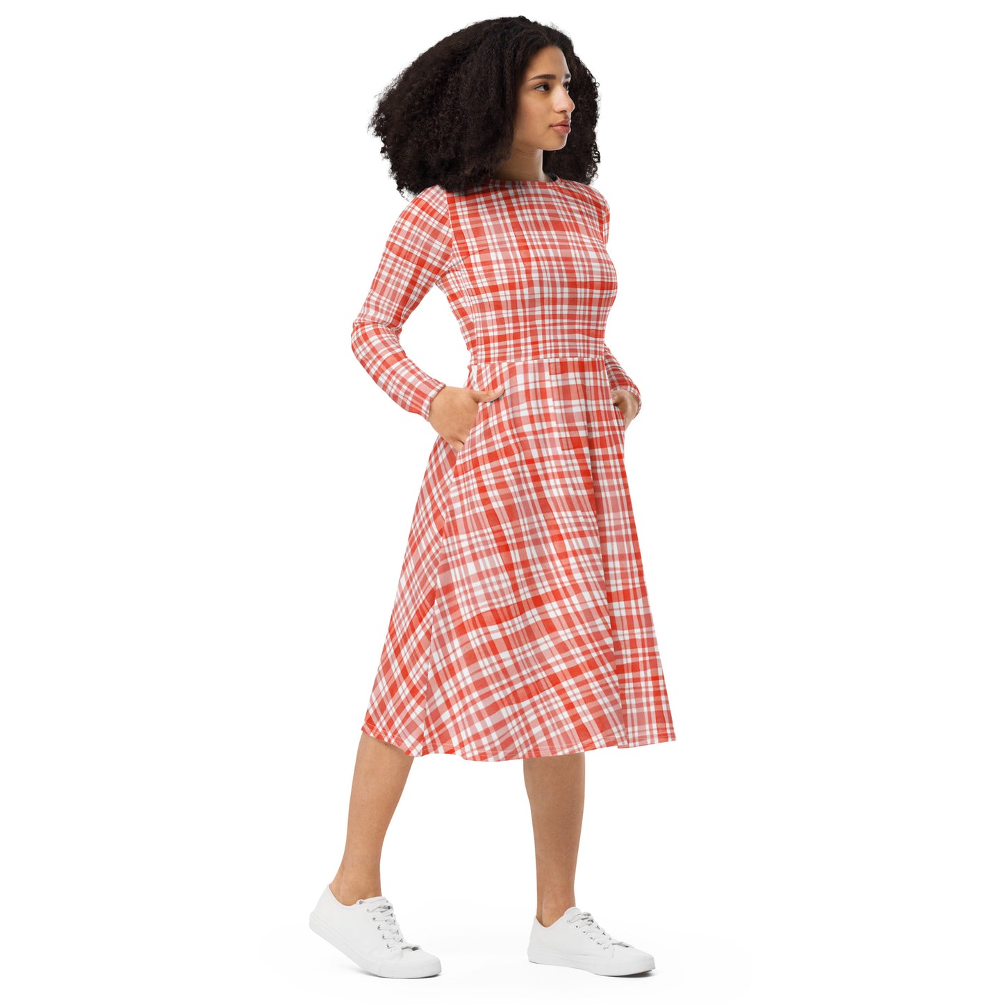 Red Gingham Long Sleeve Midi Dress