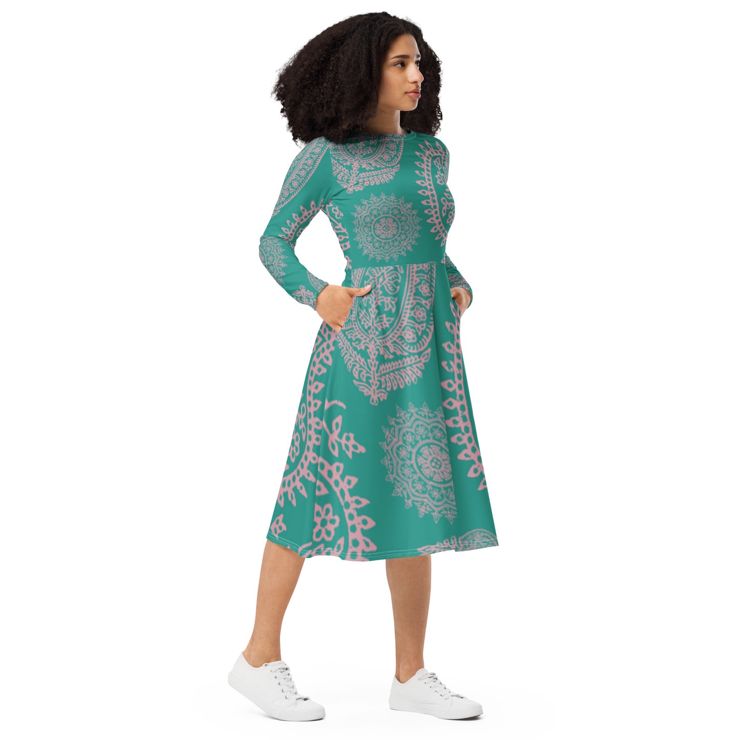 Turquoise Paisley Long Sleeve Midi Dress