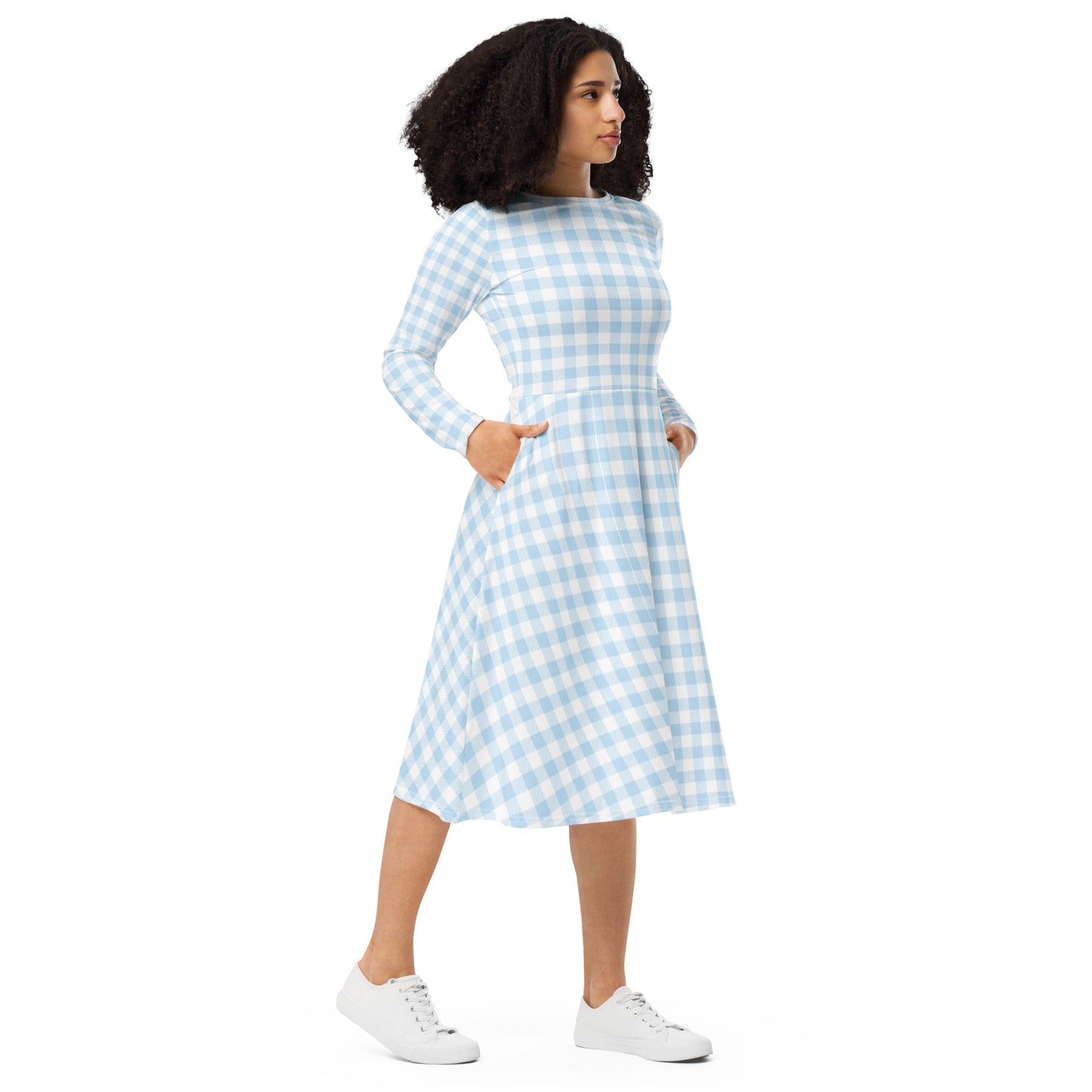 Blue Gingham Long Sleeve Midi Dress