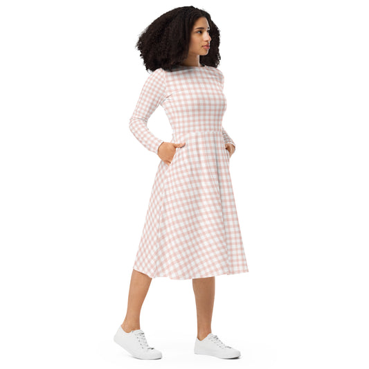 Light Pink Gingham Long Sleeve Midi Dress