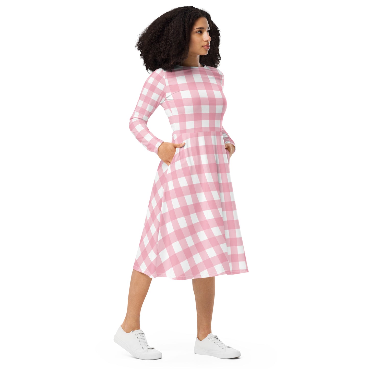 Pink Gingham Long Sleeve Midi Dress