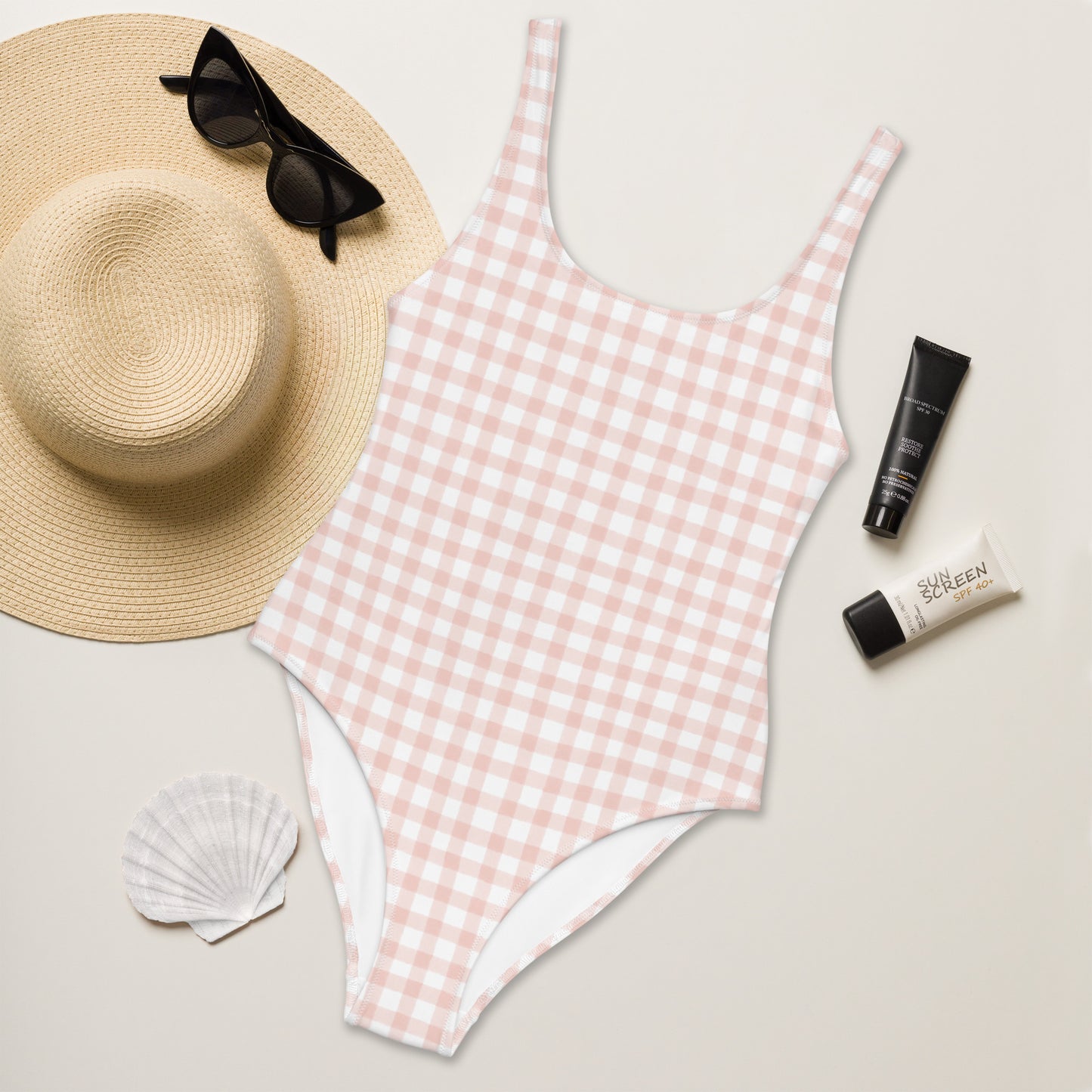 Light Pink Gingham One-Piece Swimsuit