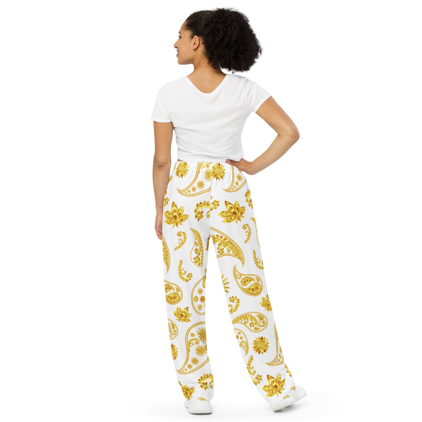 Gold White Paisley Wide-Leg Pants