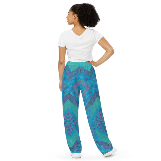 Aqua Paisley Unisex Wide-Leg Pants