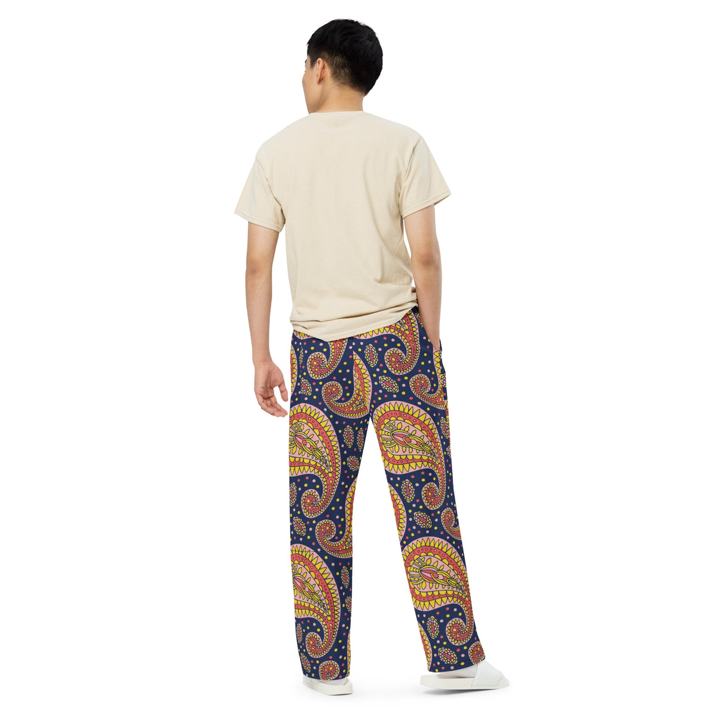 Navy Paisley Unisex Wide-Leg Pants