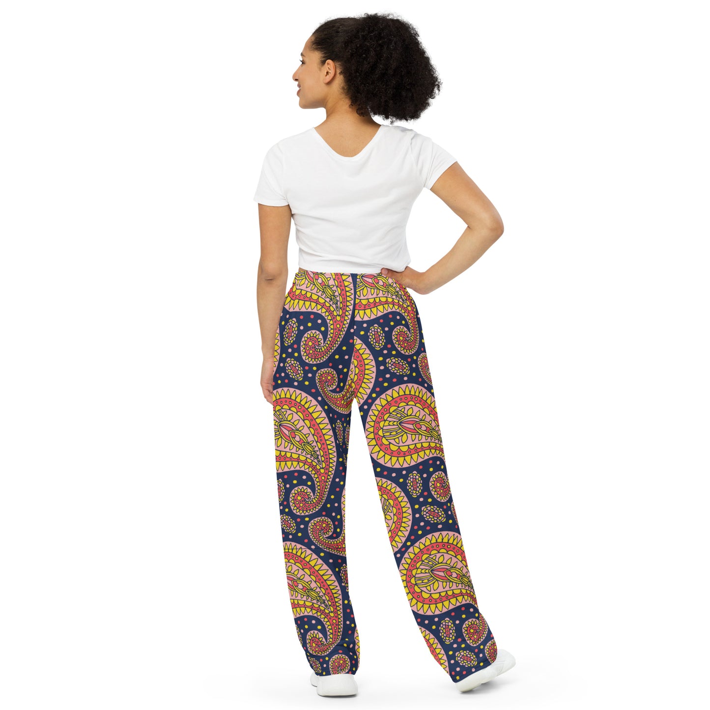 Navy Paisley Unisex Wide-Leg Pants