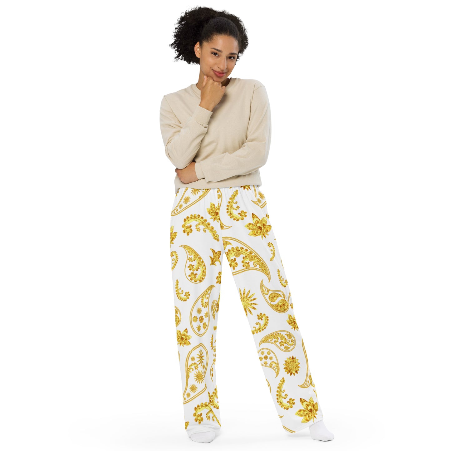 Gold White Paisley Wide-Leg Pants