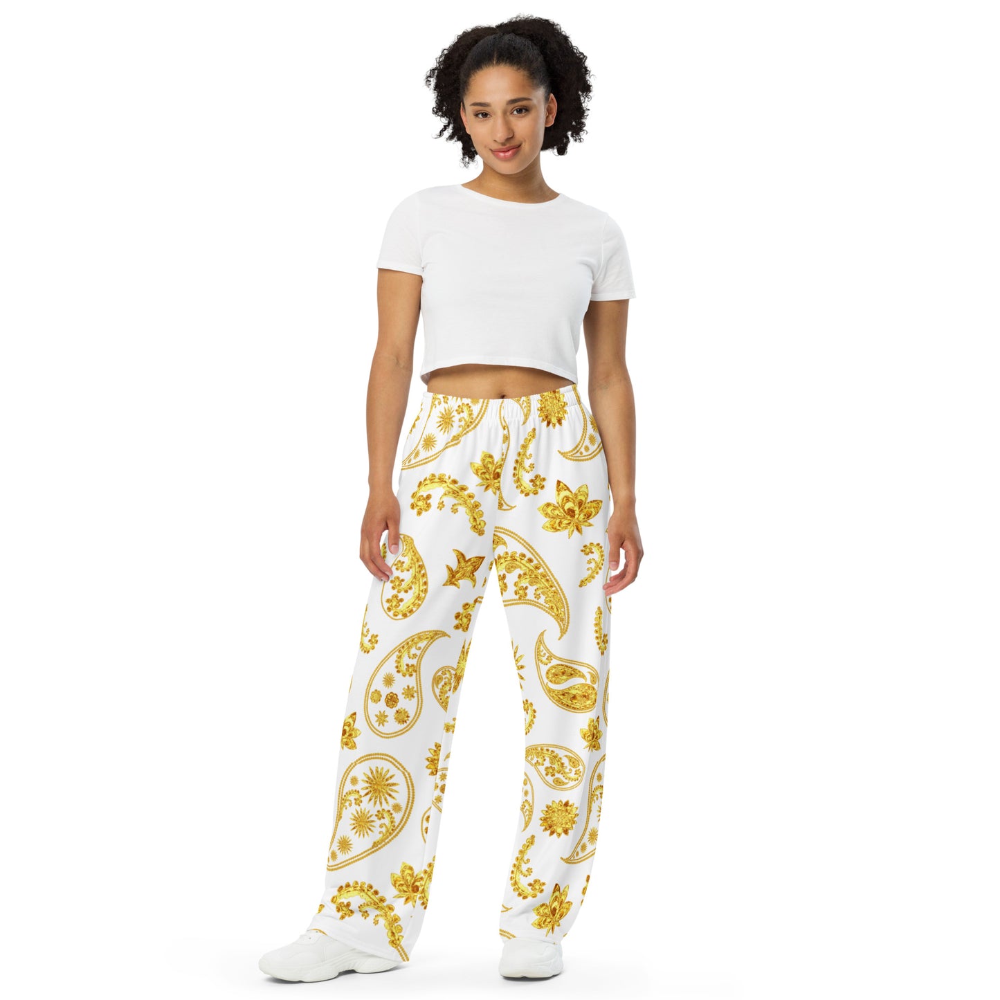 Gold White Paisley Wide-Leg Pants