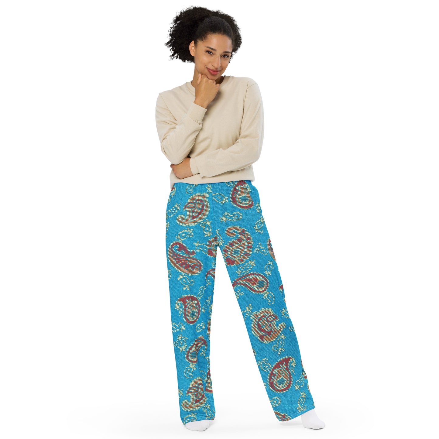 Turquoise Paisley Unisex Wide-Leg Pants