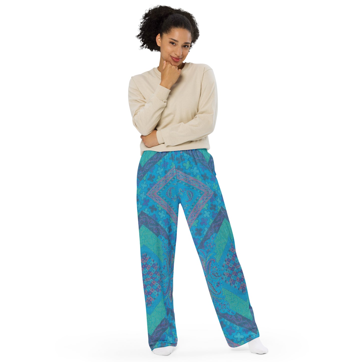 Aqua Paisley Unisex Wide-Leg Pants