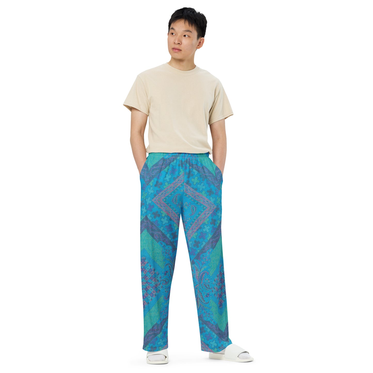 Aqua Paisley Unisex Wide-Leg Pants