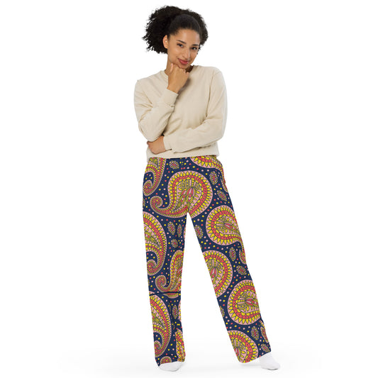 Navy Paisley Unisex Wide-Leg Pants