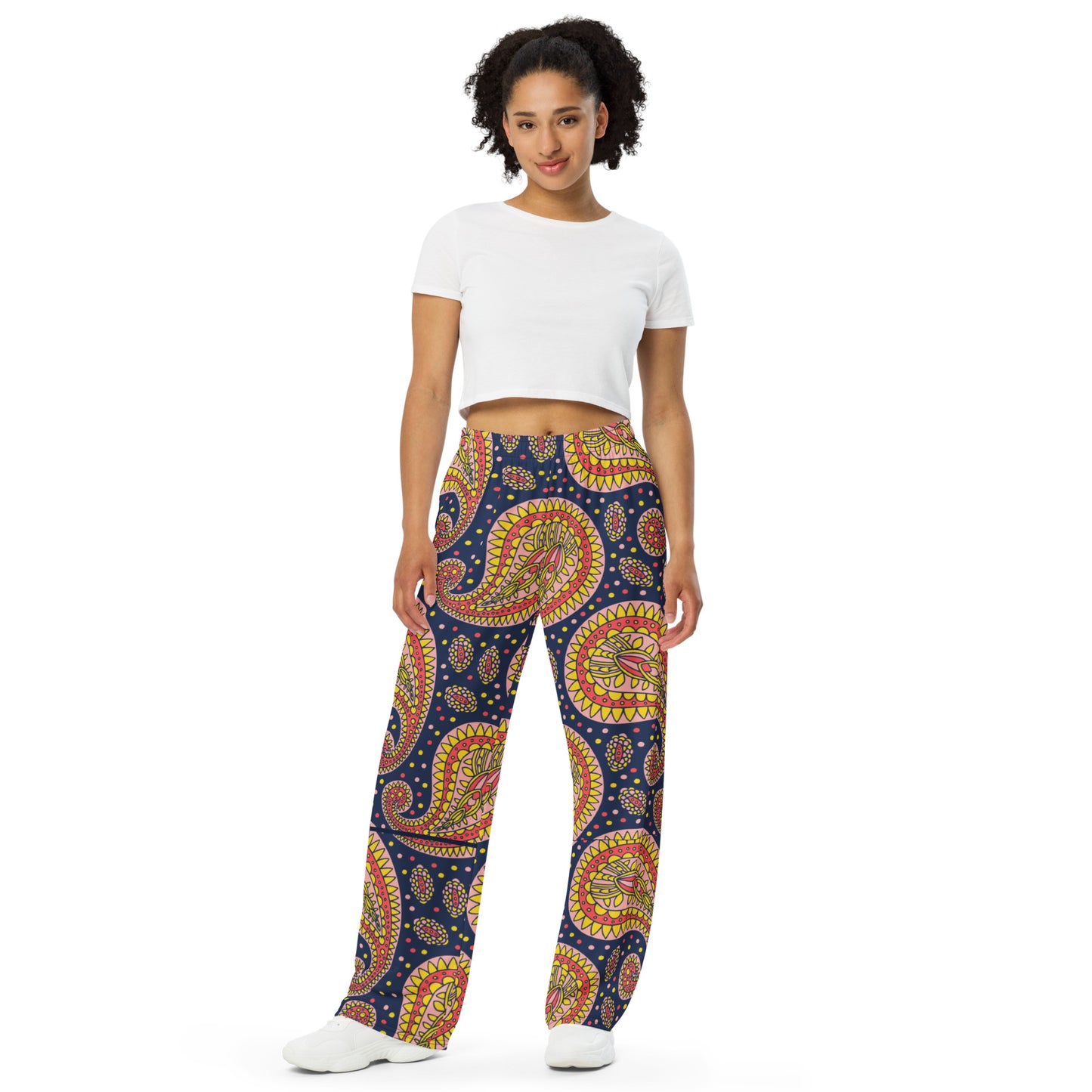 Navy Paisley Unisex Wide-Leg Pants