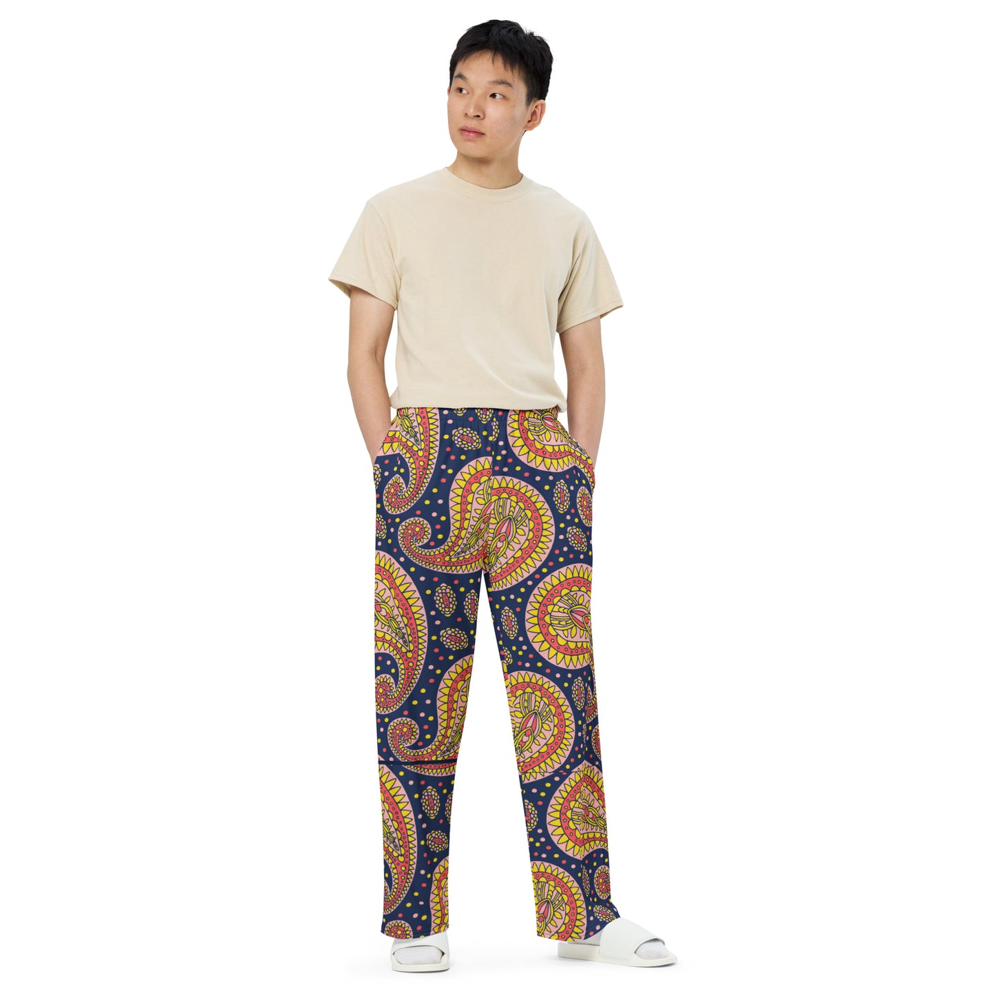 Navy Paisley Unisex Wide-Leg Pants