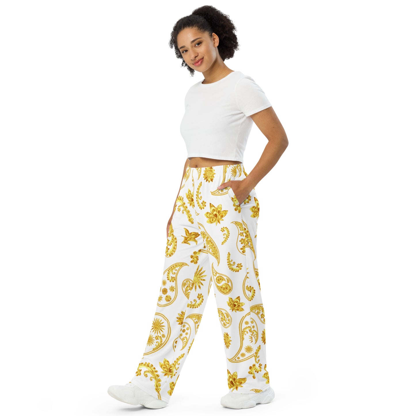 Gold White Paisley Wide-Leg Pants