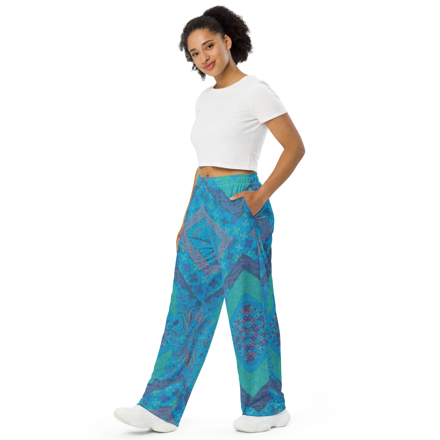 Aqua Paisley Unisex Wide-Leg Pants