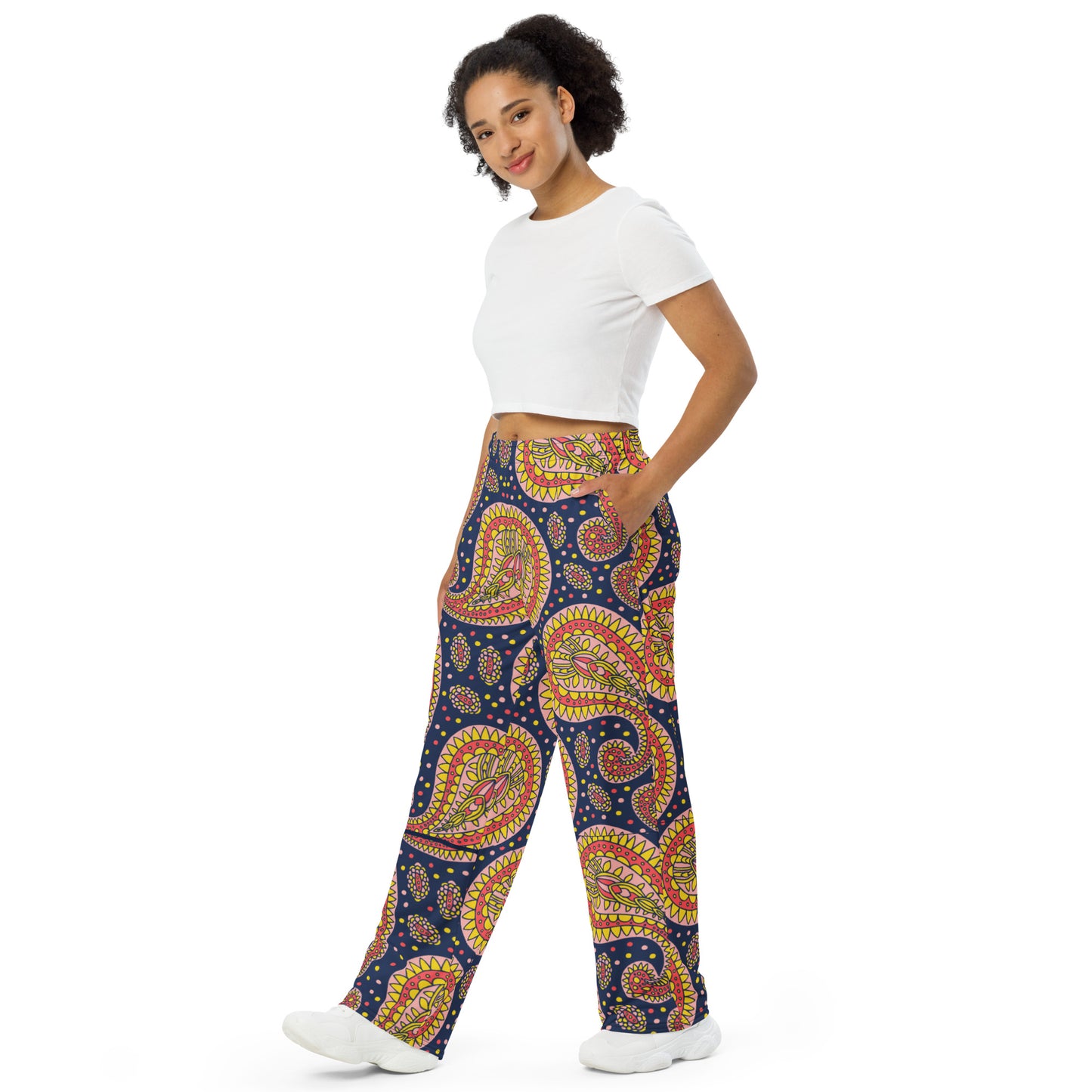 Navy Paisley Unisex Wide-Leg Pants