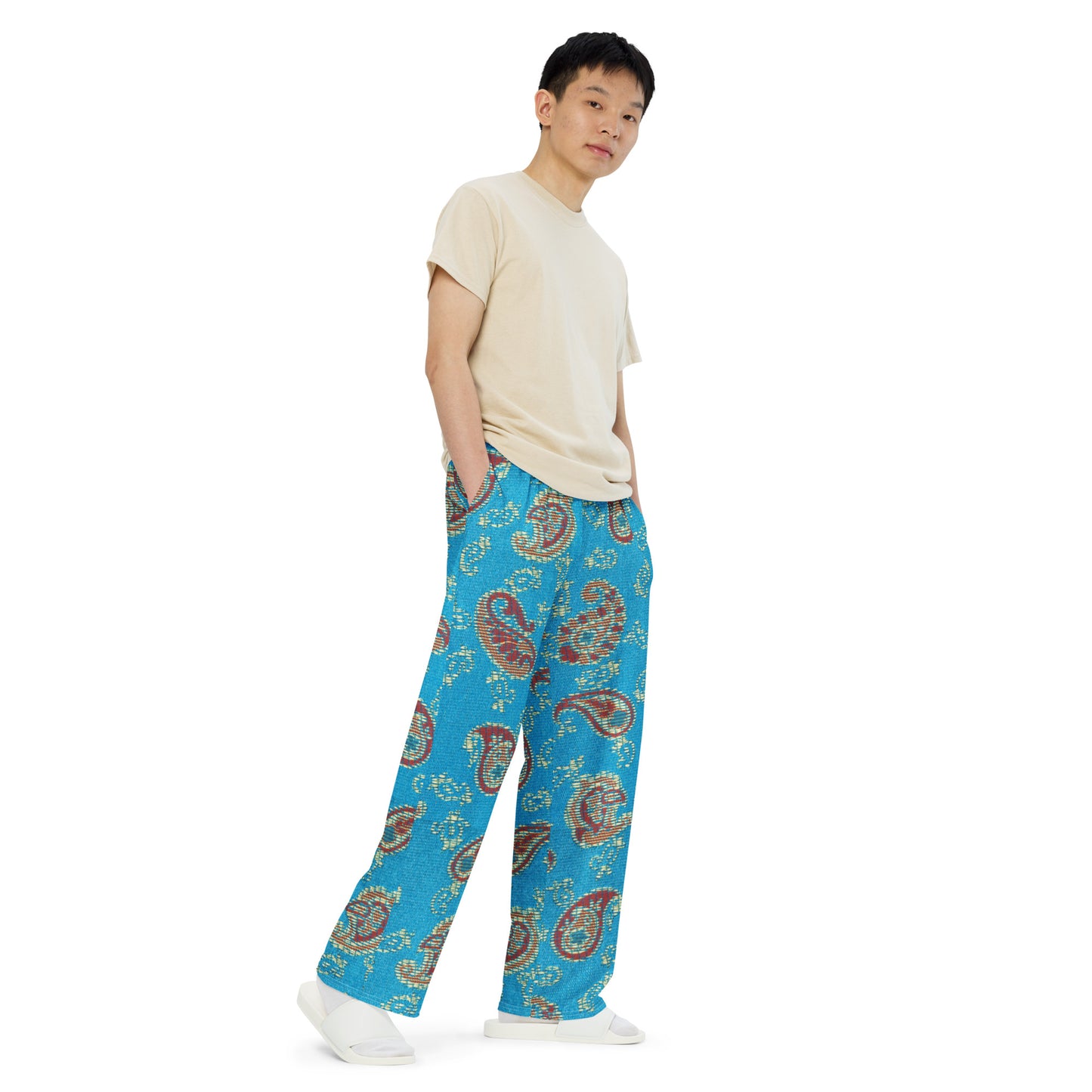 Turquoise Paisley Unisex Wide-Leg Pants