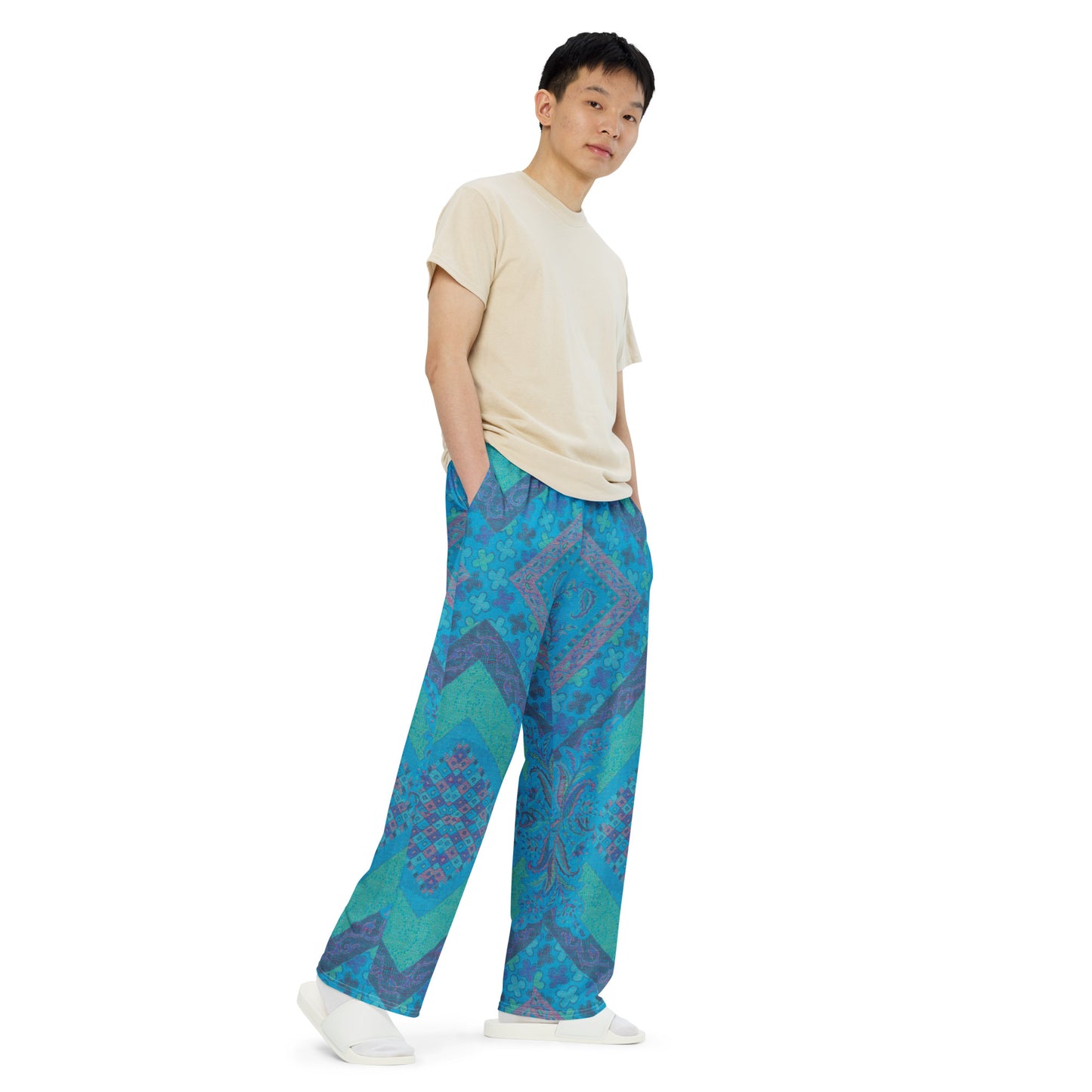 Aqua Paisley Unisex Wide-Leg Pants