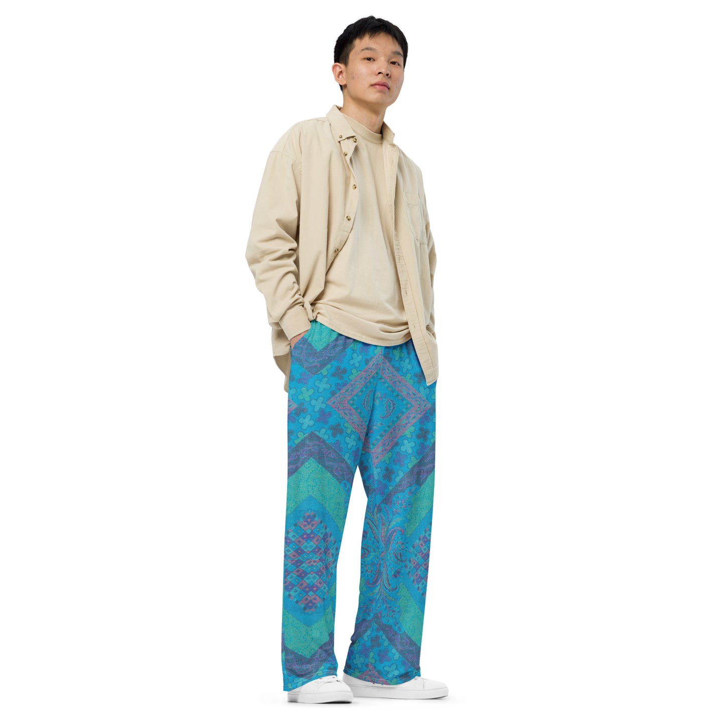 Aqua Paisley Unisex Wide-Leg Pants