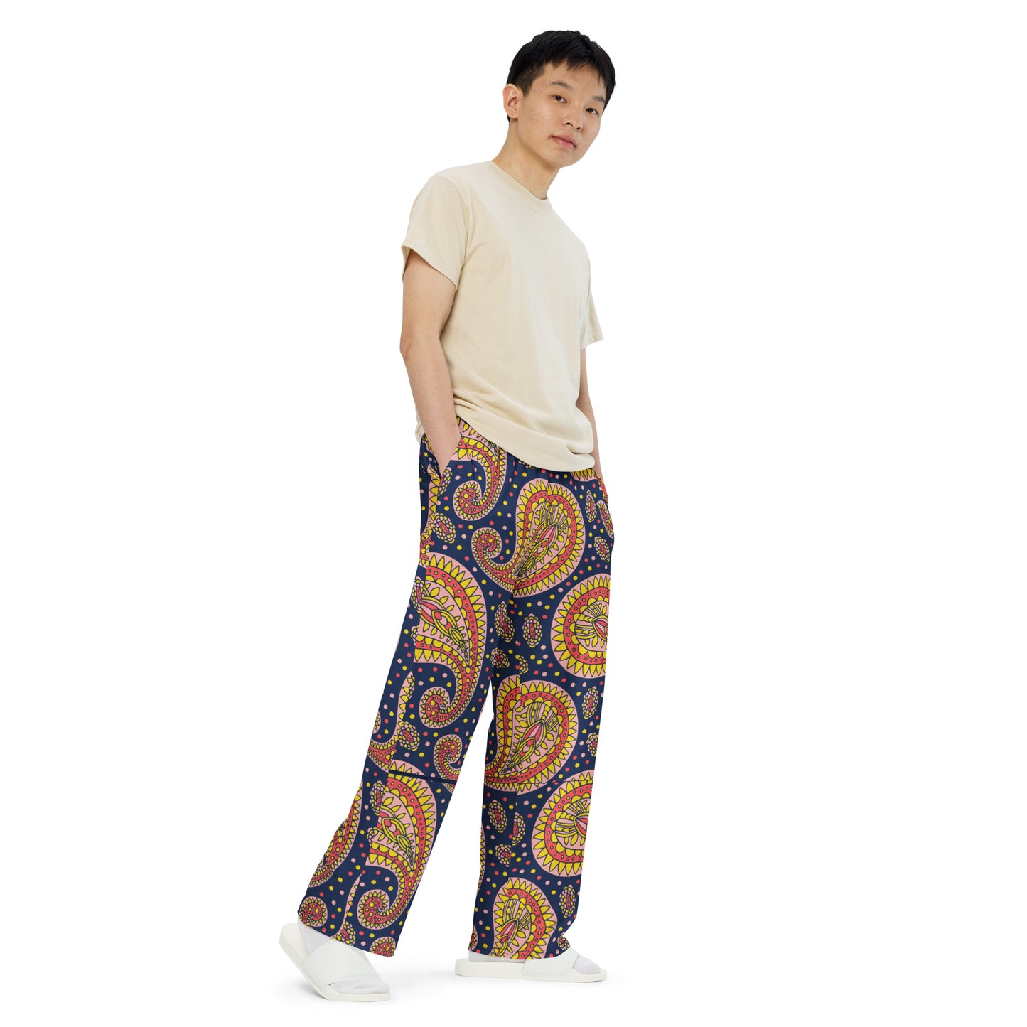 Navy Paisley Unisex Wide-Leg Pants