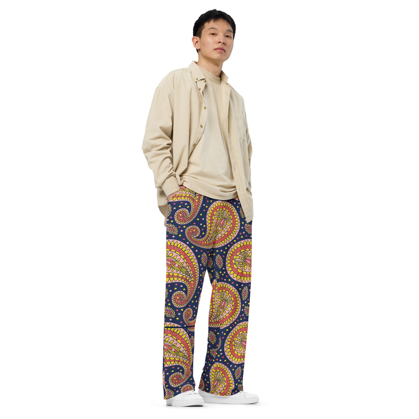 Navy Paisley Unisex Wide-Leg Pants