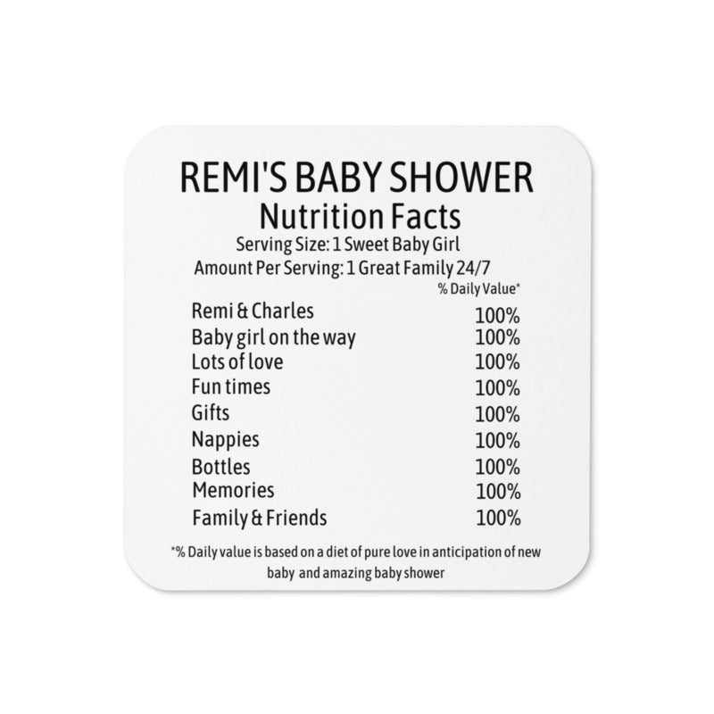 Personalised Baby Shower Nutrition Facts Cork-back coaster