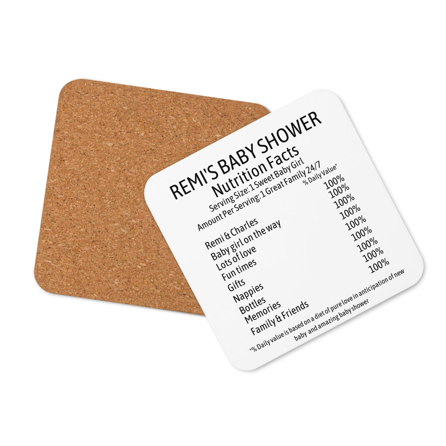 Personalised Baby Shower Nutrition Facts Cork-back coaster