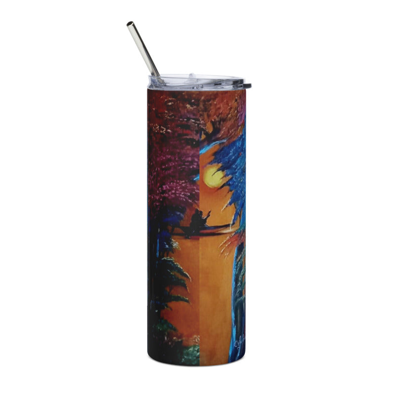 Sunset Stream Canoeing Art Print Stainless Steel Tumbler