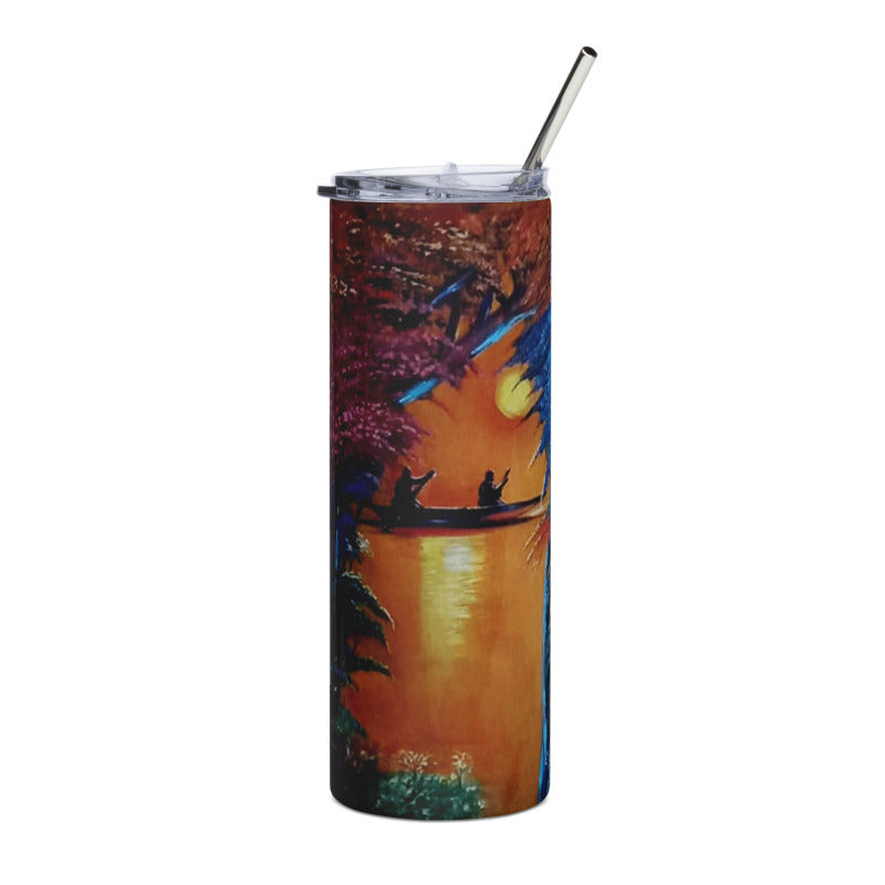 Sunset Stream Canoeing Art Print Stainless Steel Tumbler