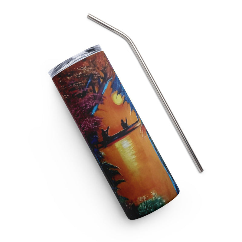 Sunset Stream Canoeing Art Print Stainless Steel Tumbler