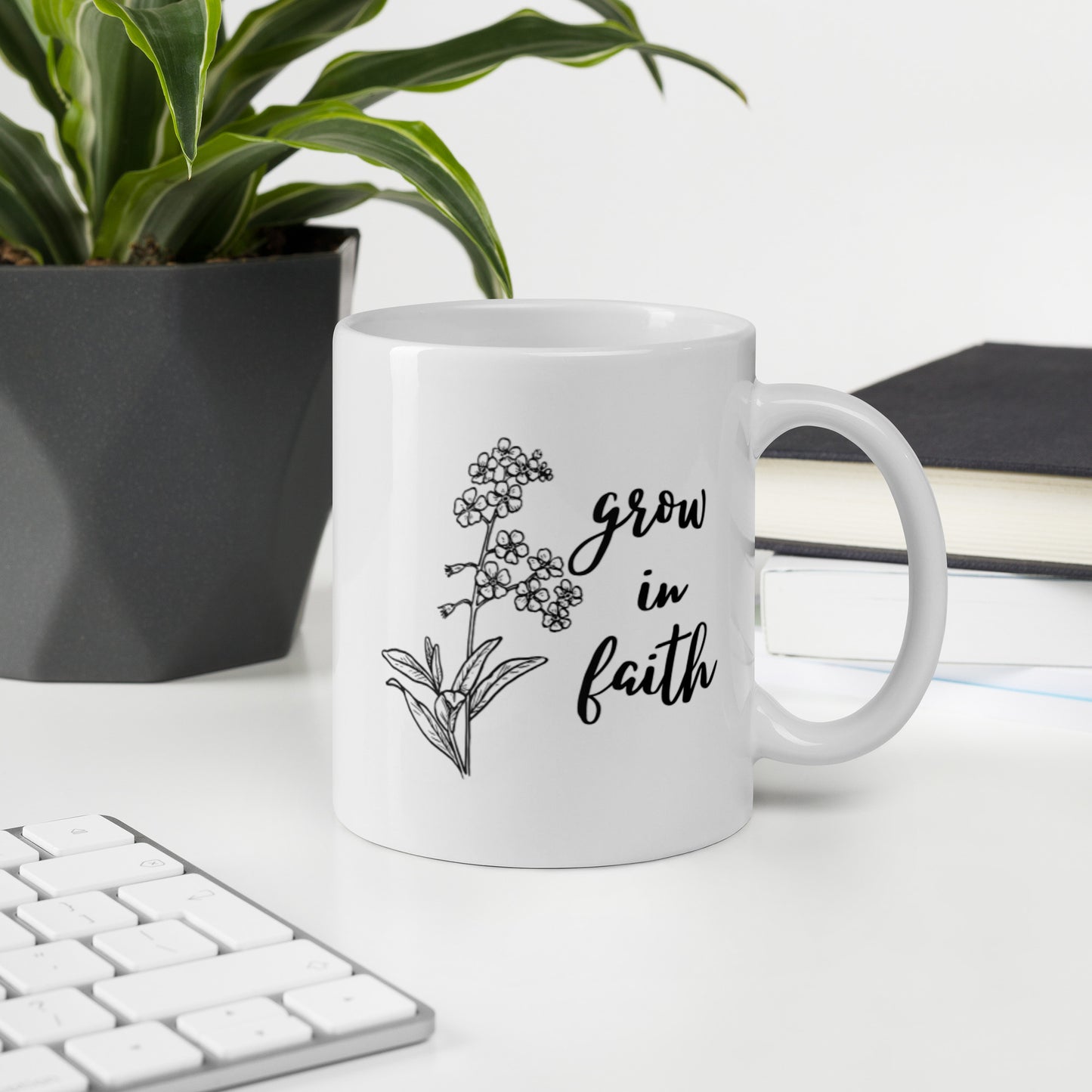 Grow In Faith White glossy mug