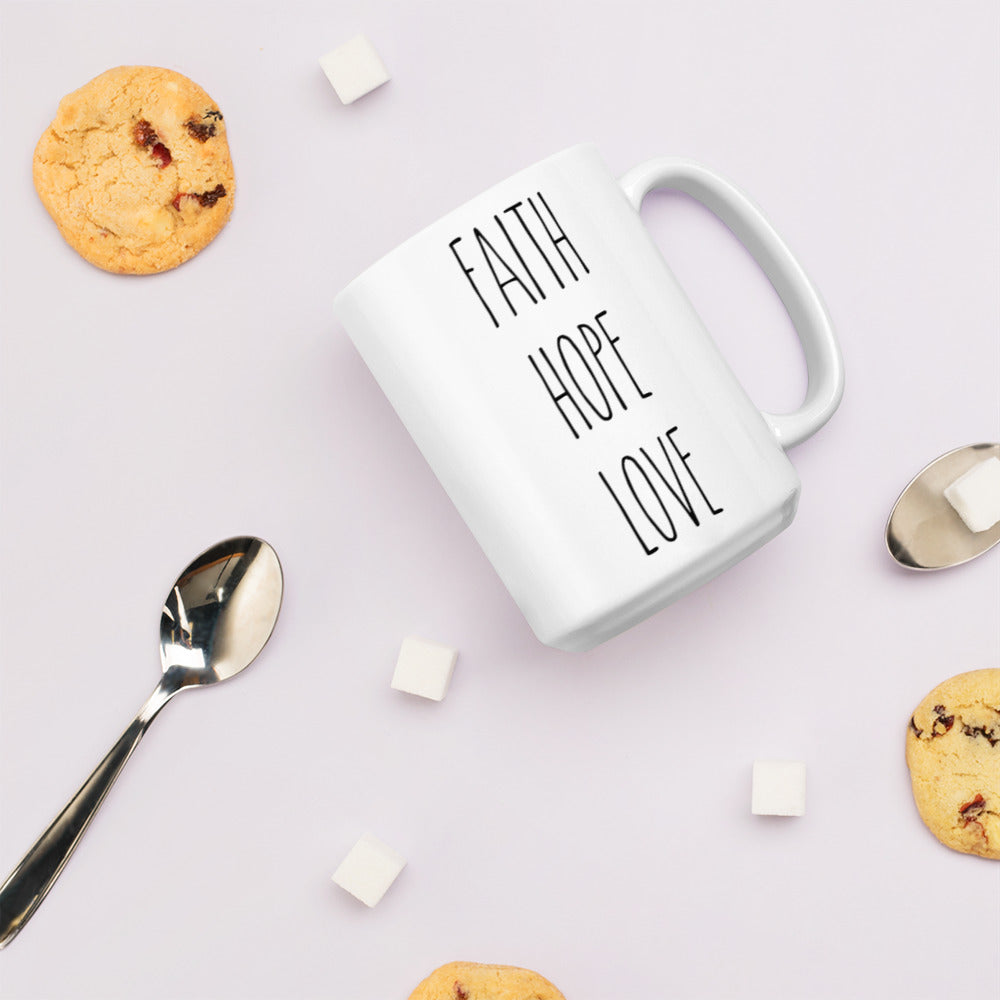 Faith Hope Love White Glossy Mug In The Skinny Font