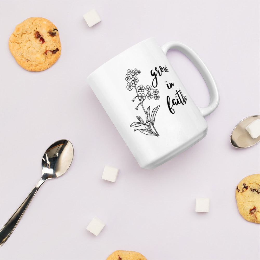 Grow In Faith White glossy mug