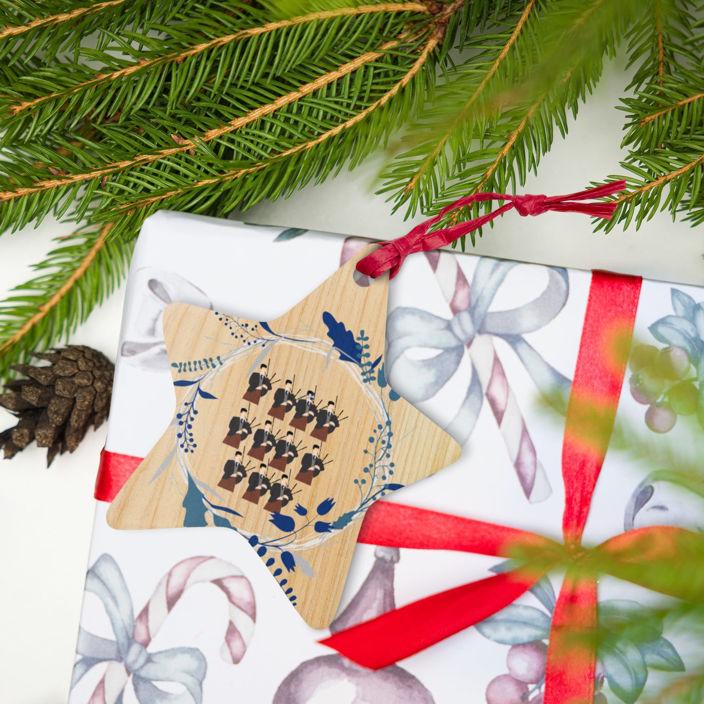 Eleven Pipers Piping Wooden ornaments