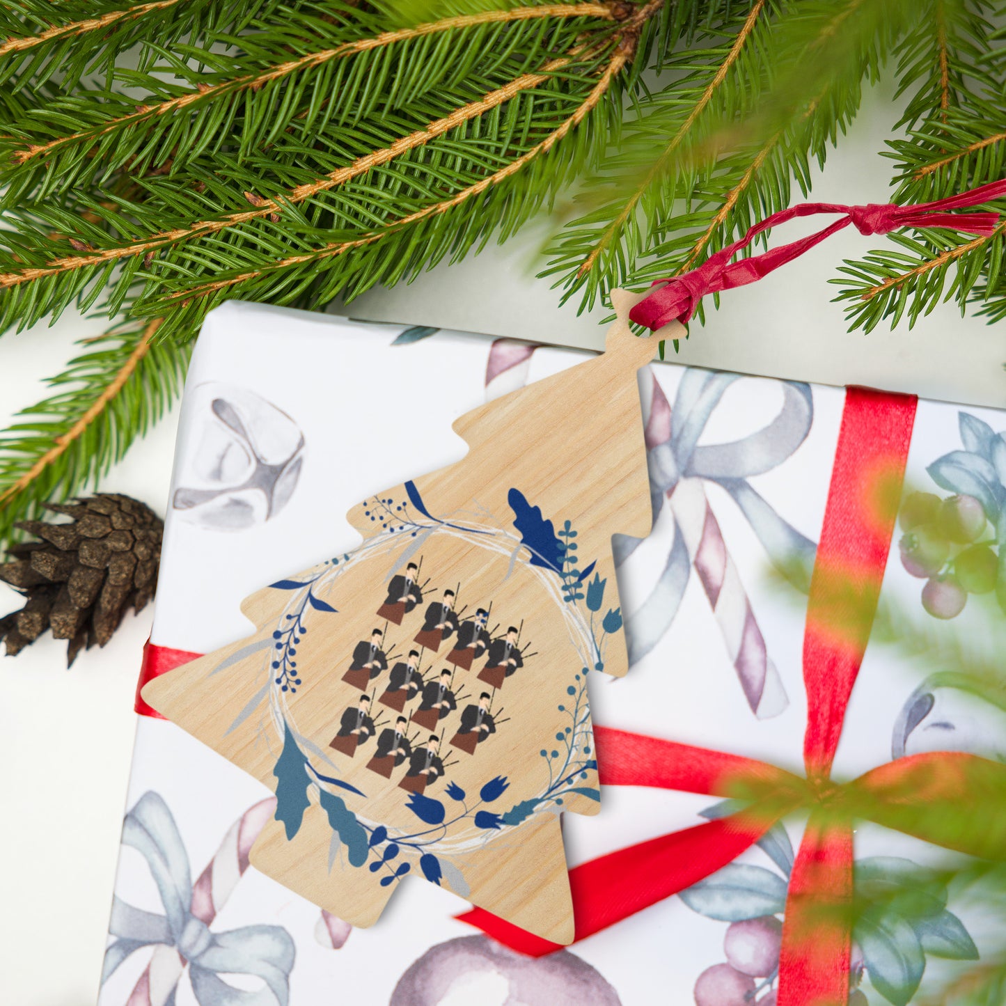 Eleven Pipers Piping Wooden ornaments